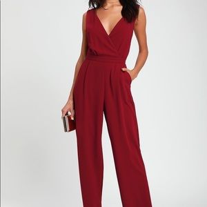 Burgundy lace jumpsuit with lace detail